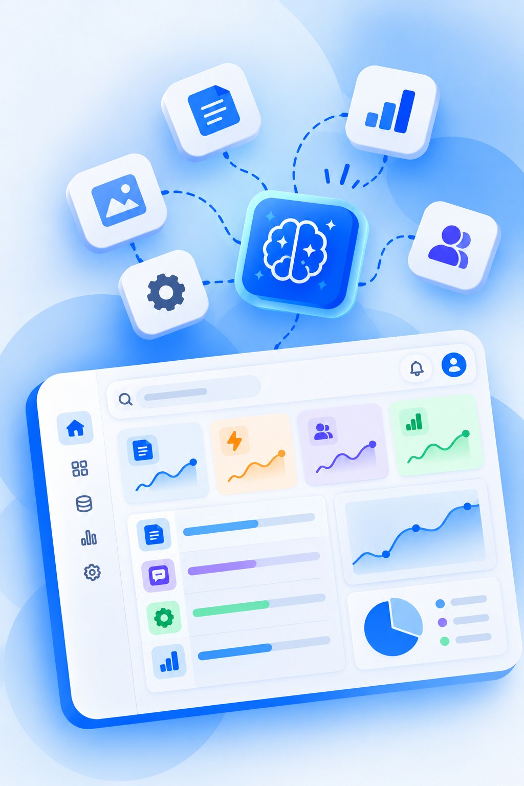 AI Applications illustration: documents, images, data, settings and users connect to an AI model that powers an analytics dashboard