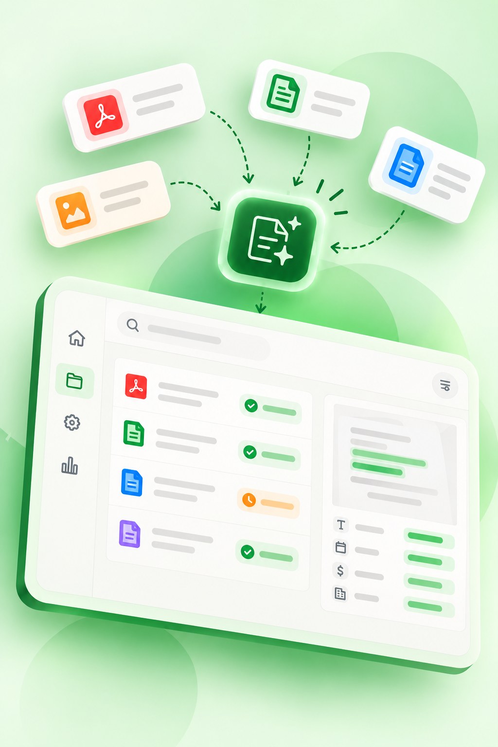 Document AI illustration: PDFs, spreadsheets, images and documents flow into an AI processor that extracts fields into a review dashboard