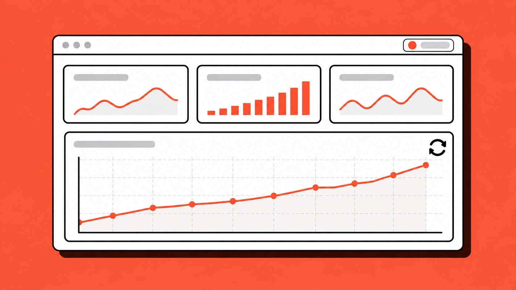 Launch and evolve: a flat app window on orange with a live indicator, three small trend tiles and a wide chart with an orange line rising steadily, beside a refresh symbol for continuous tuning