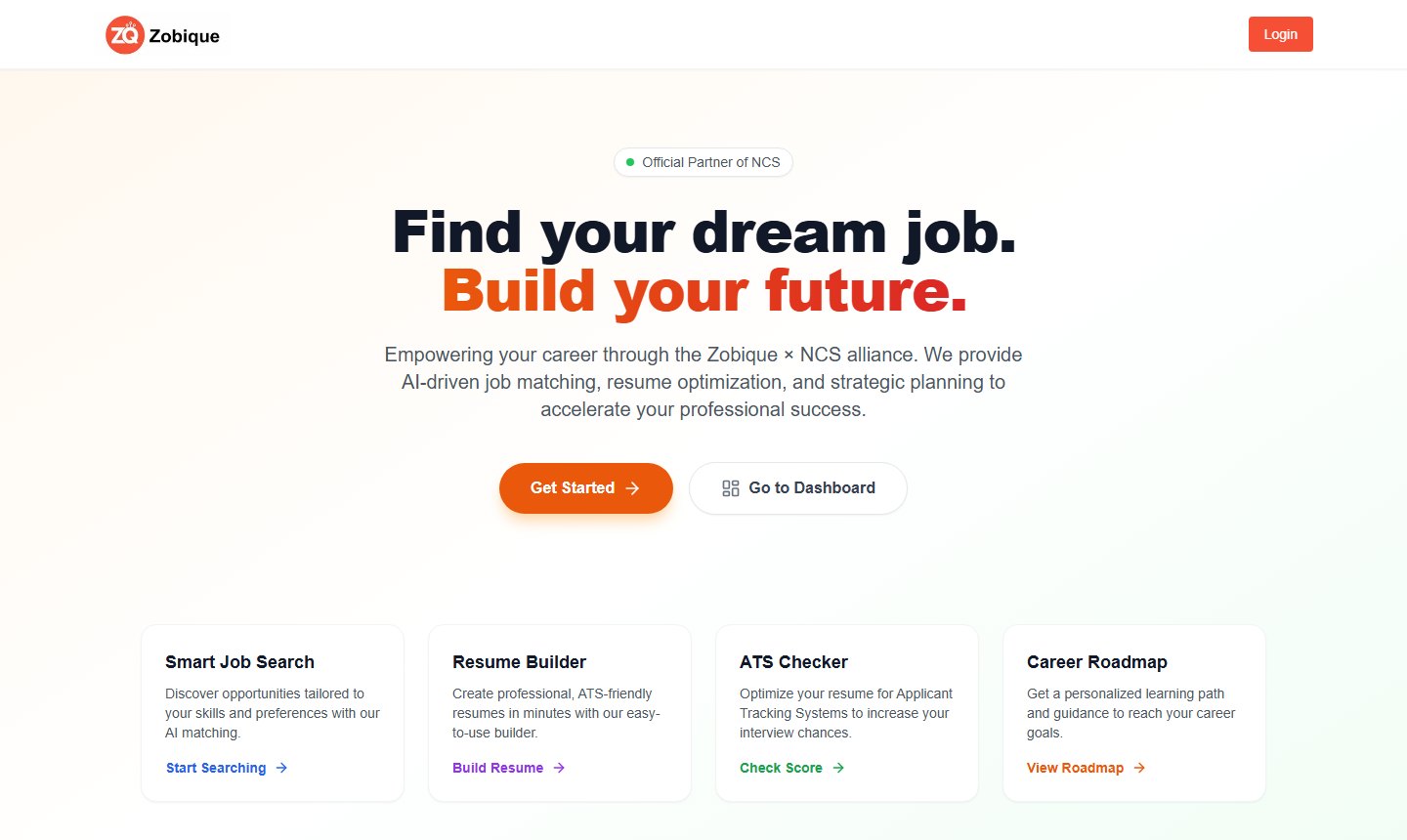 Career AI on ncs.zobique.com: a sign-up page with job search, resume builder, ATS checker and career roadmap tools